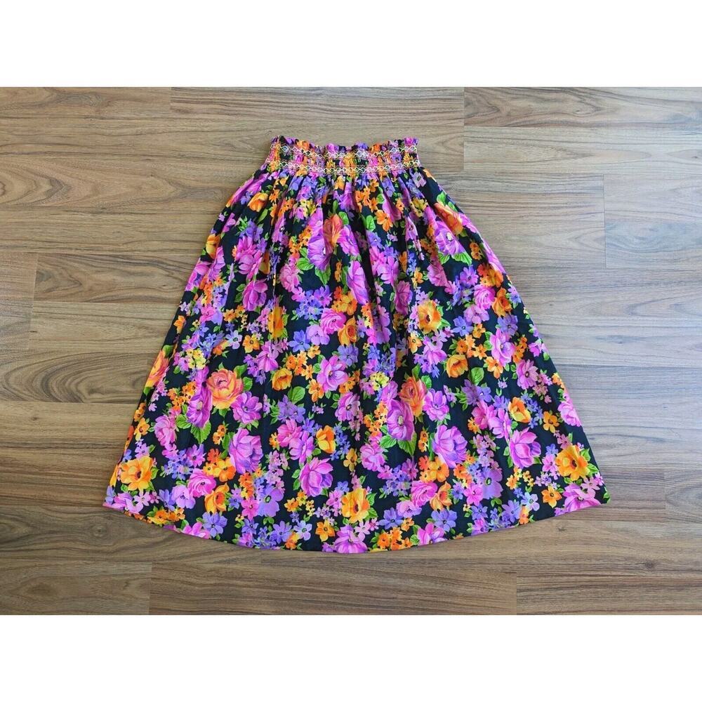 Vintage 60s 70s Floral Neon WOMENS Midi Hippie Skirt Sz S/M Boho Full Peasant C2